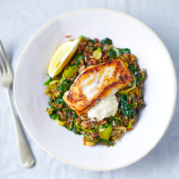 Brown-butter cod loin with leeks, spinach and grains