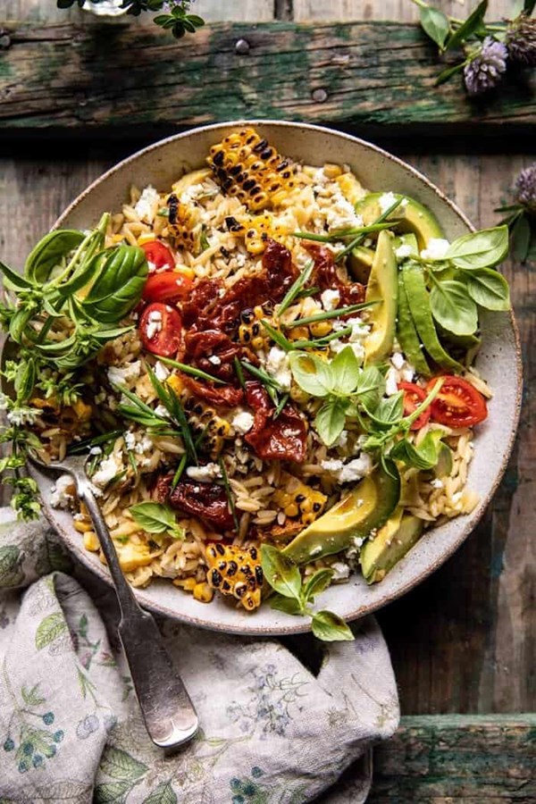 Brown butter corn and feta orzo with crispy prosciutto