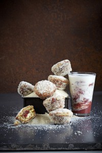 Brown butter doughnut muffins with rhubarb and custard