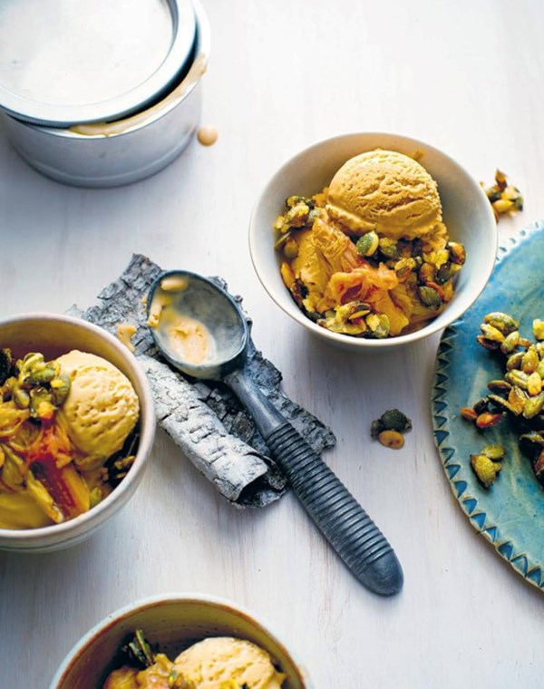 Brown butter ice cream, rhubarb & pepitas
