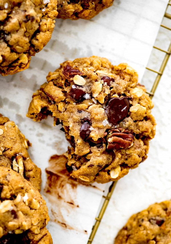Brown butter oatmeal cookies with pecans, dates, & chocolate chunks