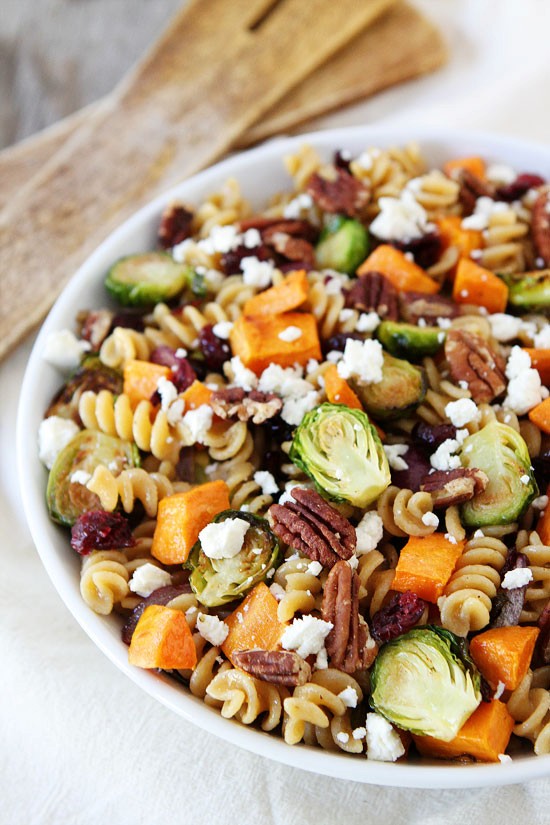 Brown butter pasta with sweet potatoes and Brussels sprouts