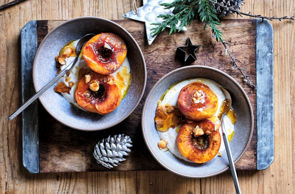 Brown butter peaches with cinnamon yoghurt and macadamia and coconut praline