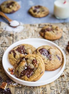 Brown butter pecan chocolate chip cookies with sea salt