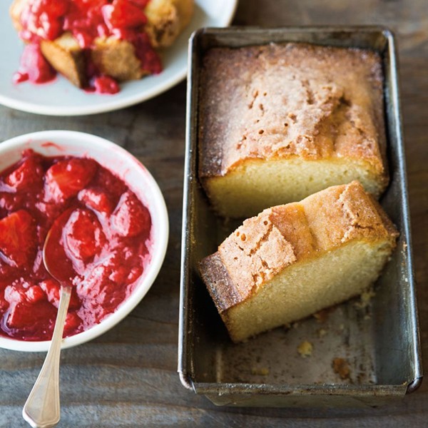 Brown butter pound cake with strawberry-rhubarb compote