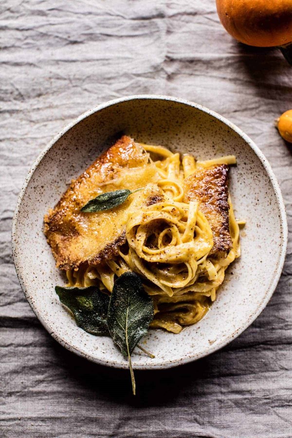 Brown butter pumpkin fettuccine Alfredo with fried cheese