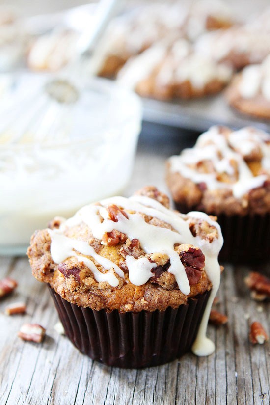 Brown butter pumpkin streusel muffins with brown butter glaze