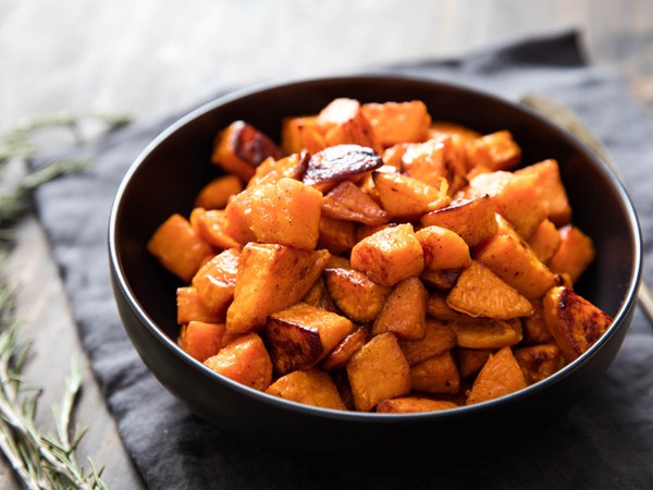 Brown butter rosemary roasted sweet potatoes