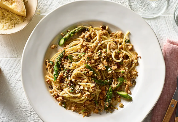Brown butter salmon pasta with hazelnut-caper bread crumbs