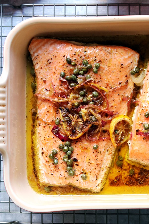 Brown butter salmon with red onion and dill