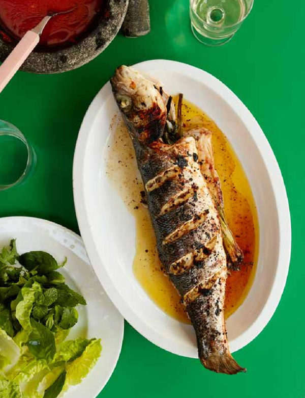 Brown butter sea bass with tangerine dipping sauce and lots of herbs