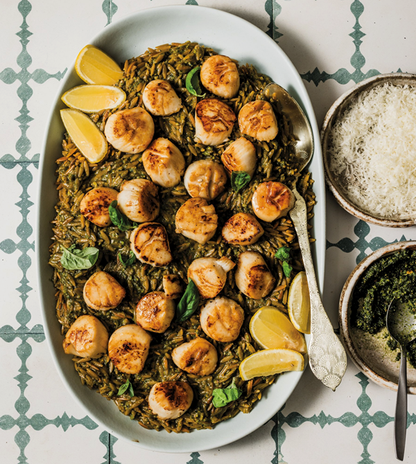 Brown butter seared scallops with pea tendril pesto orzo
