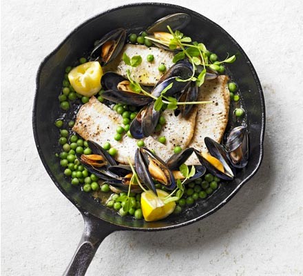 Brown butter sole with peas & mussels