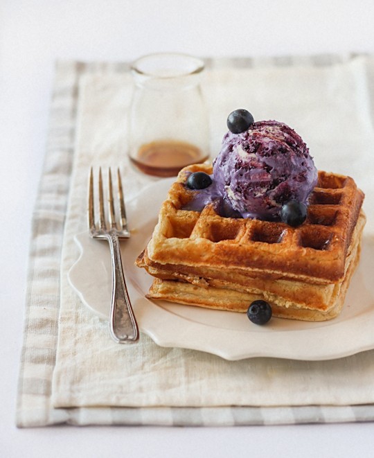 Brown butter waffles with no-churn blueberry ice cream