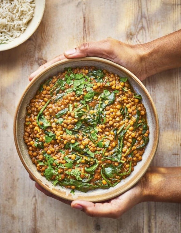 Brown lentils with baby spinach
