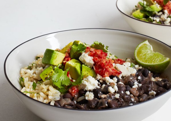 Brown rice and beans with ginger chile salsa
