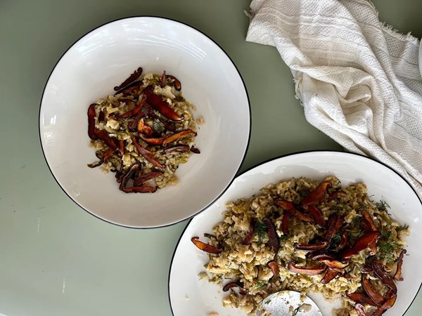 Brown rice and Brussels sprout pilaf with shiitake bacon