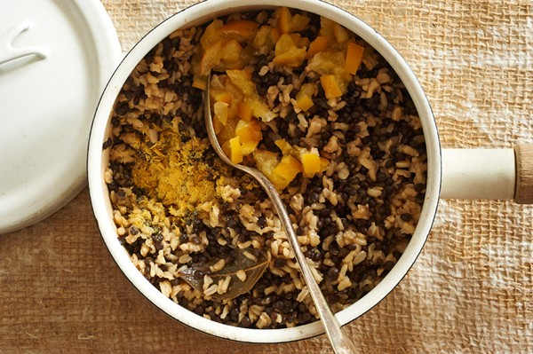 Brown rice and lentils with preserved lemon