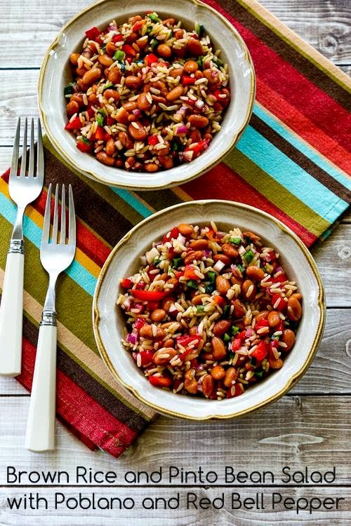 Brown rice and pinto bean salad with poblano and red bell pepper 