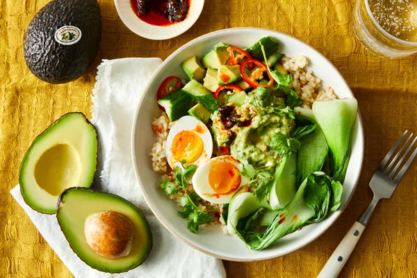 Brown rice bowl with avocado & spicy cucumbers