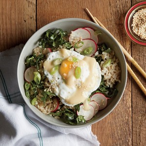 Brown rice bowl with miso, poached egg, and kale-radish slaw