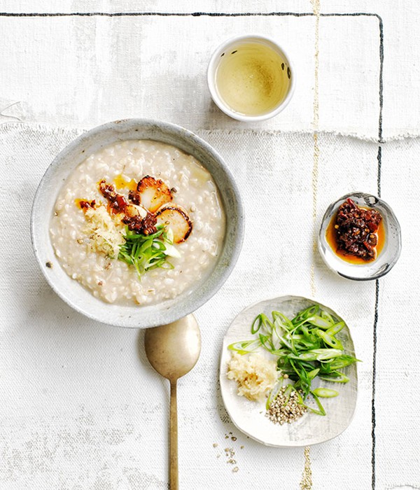 Brown rice congee with ginger and chilli black bean sauce