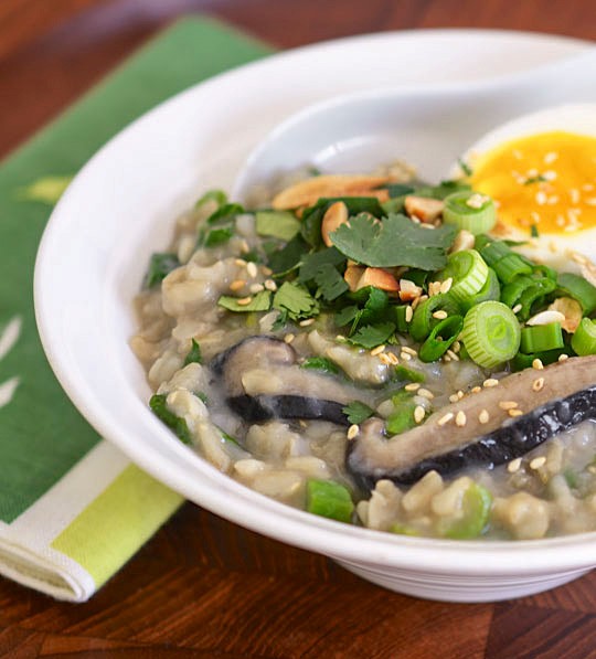Brown rice congee with shiitake mushrooms and greens