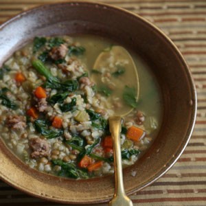 Brown rice, lentil, and spinach soup