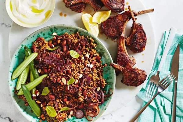 Brown rice mujadarra with lamb cutlets