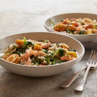 Brown rice risotto with hot-smoked trout
