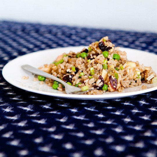 Brown rice salad with apples, walnuts, and cherries