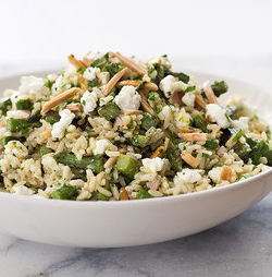 Brown rice salad with asparagus, goat cheese, and lemon