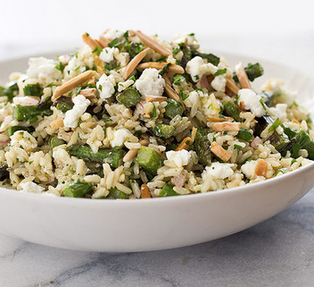 Brown rice salad with asparagus, goat cheese, and lemon