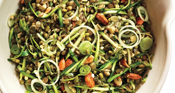 Brown rice salad with crunchy sprouts and seeds