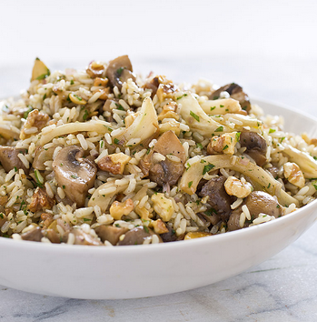 Brown rice salad with fennel, mushrooms, and walnuts