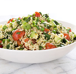 Brown rice salad with jalapeño, tomatoes, and avocado