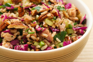 Brown rice salad with leftover turkey, red cabbage, and pecans