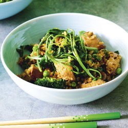 Brown rice with soy and ginger tofu and watercress