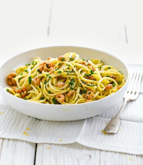 Brown shrimp pasta with garlic and chives