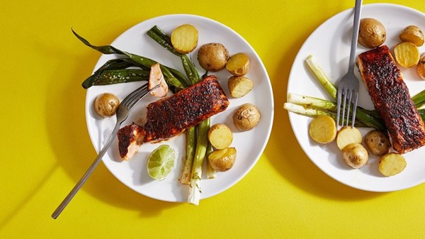 Brown sugar and chili-rubbed salmon sheet pan dinner