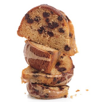Brown sugar and chocolate chip pound cake with maple-espresso glaze