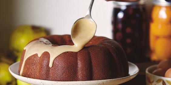 Brown sugar and cocoa nib pound cake with brown butter icing [Maya Lovelace, Mae]