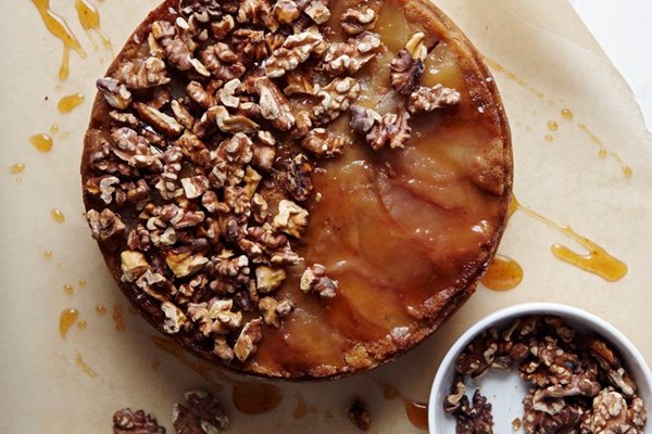 Brown sugar apple upside down cake with apple cider caramel and spiced walnuts