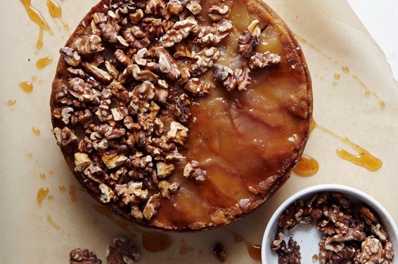 Brown sugar apple upside down cake with apple cider caramel and spiced walnuts