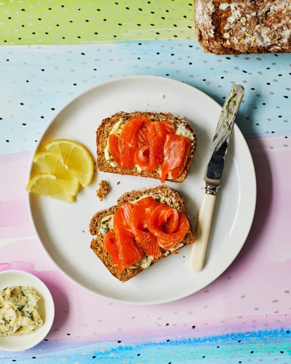 Brown sugar-cured trout with wheaten bread and tarragon butter 