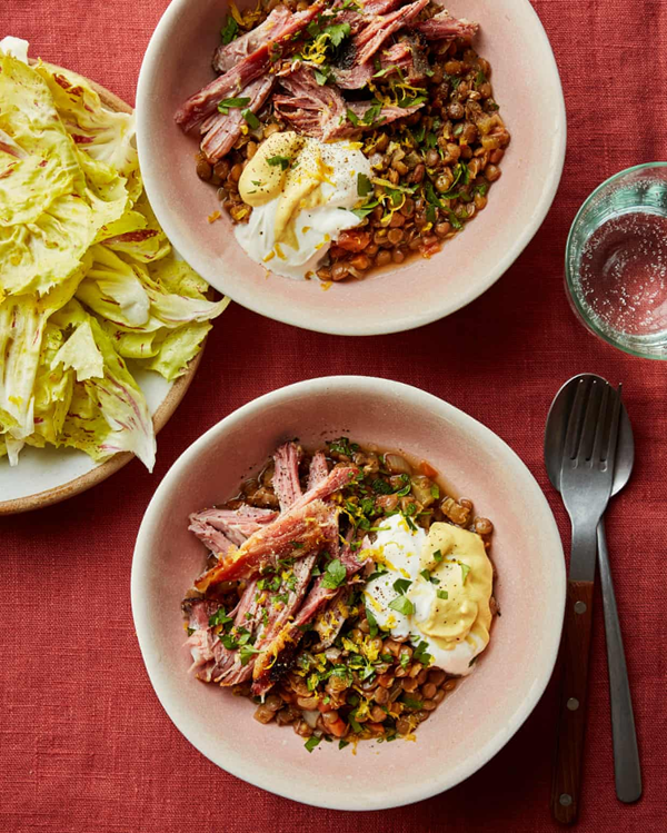 Brown sugar ham hock with harissa lentils