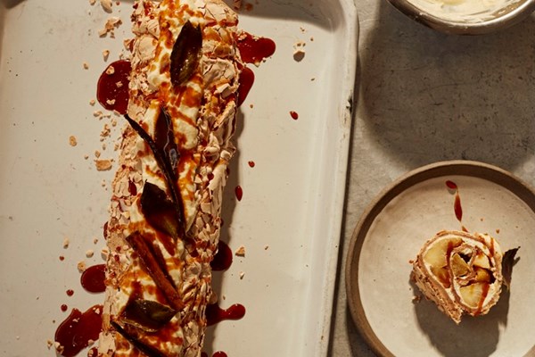 Brown sugar meringue roulade with burnt honey apples 