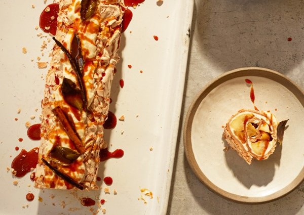 Brown sugar meringue roulade with burnt honey apples