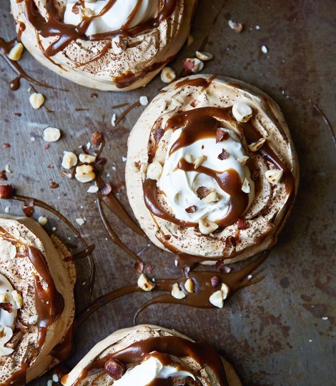 Brown-sugar meringues with hazelnut butterscotch sauce