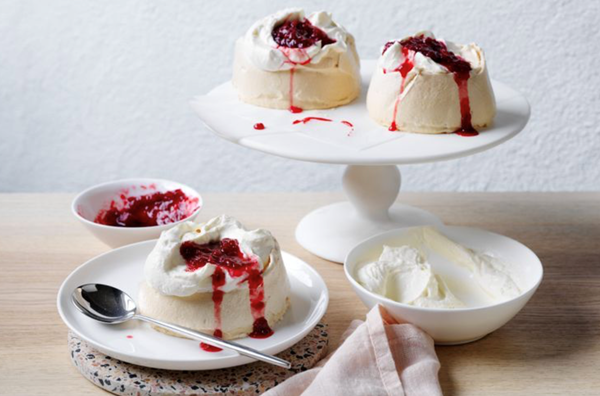 Brown sugar meringues with rhubarb and yoghurt cream